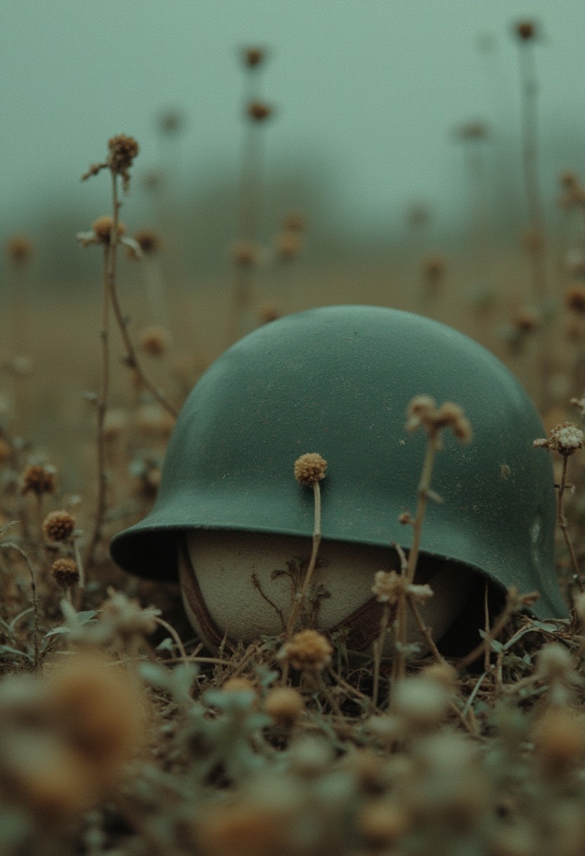 "An artsy still of a soldier’s helmet abandoned in a field of wilted flowers, shot on expired film, dreamy cyan and magenta tones bleeding together, a faint tank tread mark cutting through, candid and unrefined." cinematic_1940s cinematic_octane