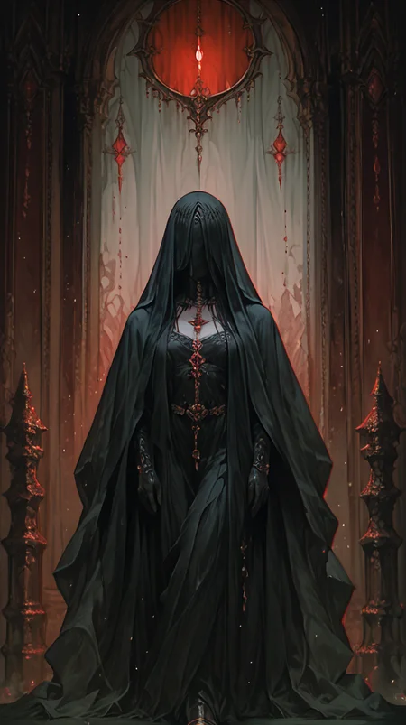 score_9, score_8_up, score_7_up, score_6_up, phantom, pale skin, girl outlines, black clothes, closed clothes, eyes covered by cloak, dark atmosphere, red shades background, indoors, detailed, <lora:ph4nt0m01lXLP:0.7> <lora:r3dgl0wXLP:0.6>
