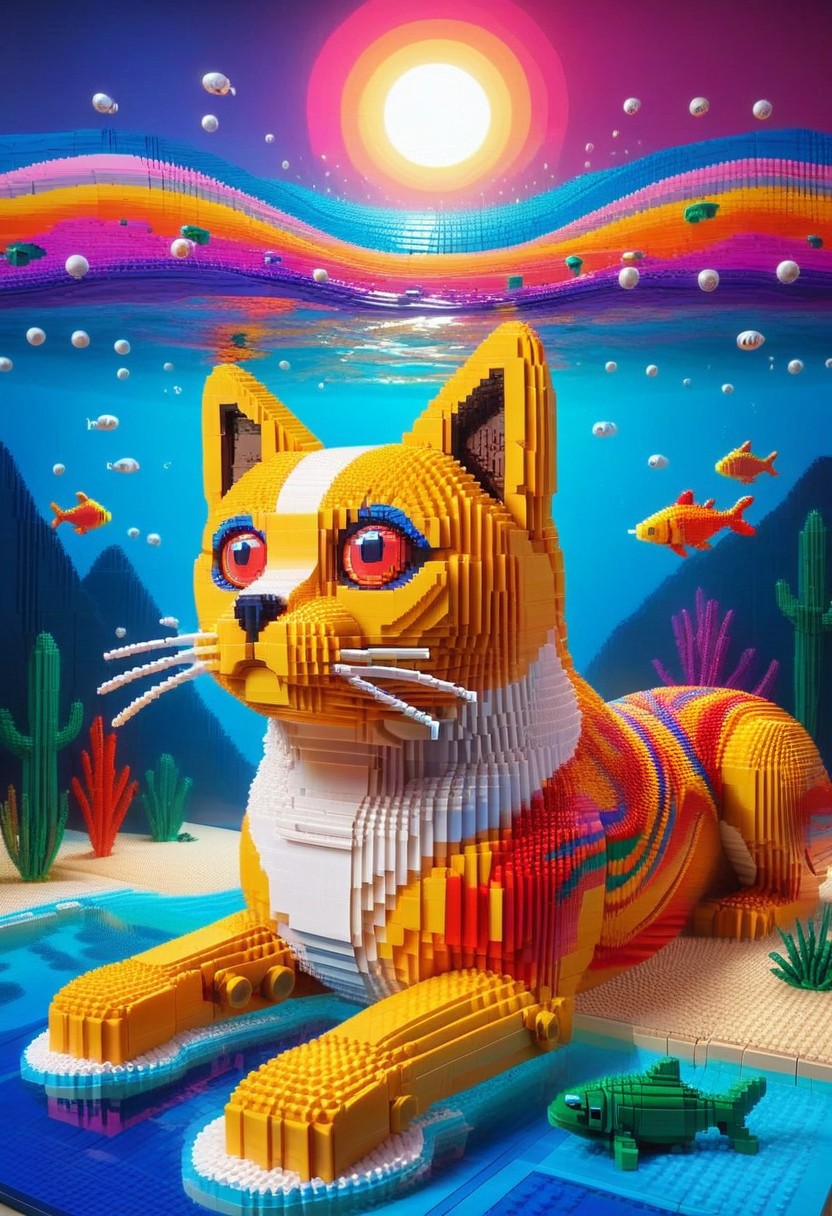 Surreal style, Radiant, big-eyed dog made of lego at night, fishes swim in the background, the cat is dreaming, abstract art by Anne Truitt, Synthetism, psychedelic colors, psychadelic, sharp focus, highly intricate, full color, confident, intricate artistic color, handsome