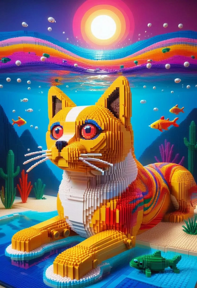 Surreal style, Radiant, big-eyed dog made of lego at night, fishes swim in the background, the cat is dreaming, abstract art by Anne Truitt, Synthetism, psychedelic colors, psychadelic, sharp focus, highly intricate, full color, confident, intricate artistic color, handsome
