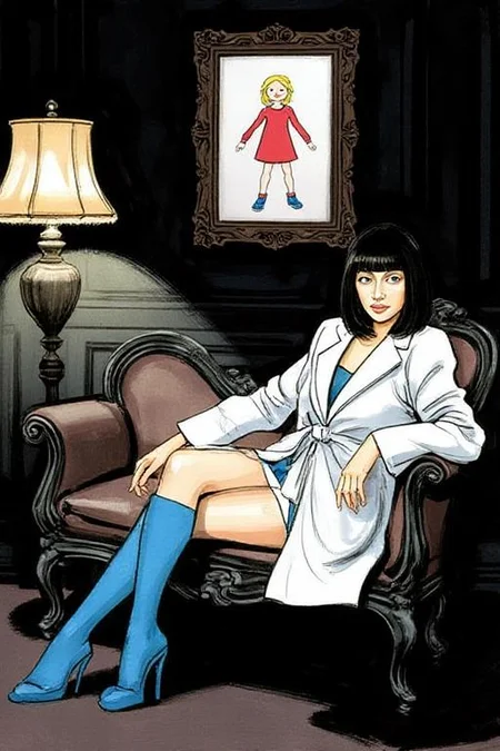 watercolor illustration.
This is a high-resolution classical painting featuring a woman seated on an antique, dark wooden chaise longue. The woman is of East Asian descent with a fair complexion and black, straight hair styled in a sleek bob. She is dressed in an avant-garde, white, oversized coat with voluminous sleeves that are tied in a dramatic, asymmetrical knot. Her outfit is complemented by bright, vivid blue, knee-high socks that contrast starkly with the white of her coat. She is seated with her legs crossed, and her posture is relaxed yet poised. The background is a deep, dark black, creating a dramatic contrast with the woman's outfit and the light source. To her left, there is a tall, ornate lamp with a beige, pleated shade, casting a soft, warm light that highlights her features. Above her, on the dark wall, hangs a classical painting--except, instead of a traditional scene, it is a crayon drawing, done by a child. The crayon drawing features a simple stick figure with a round head, straight lines for arms and legs, and a big smile. The drawing is childishly colorful, with bright red for the body, yellow for the hair, and blue for the shoes. The figure's eyes are represented by two large dots and the smile by a curved line. This childlike, innocent drawing contrasts sharply with the sophisticated elegance of the woman, adding a whimsical touch to the otherwise classic setting. <lora:watercolor.comic1_cap_d6a3:1.0><lora:830618633488274411:0>