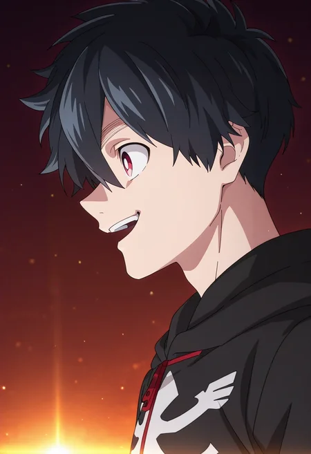 masterpiece, best quality, , anime screencap, , , , 1boy, solo, male focus, <lora:kabane_kusaka_ilxl:0.9>, kabane_kusaka, black hair, red eyes, short hair, hair between eyes, kusaka kabane, , profile, mont saint michel, light, floating, laughing,