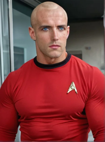 1boy, 20 year old male, Handsome, masculine, blonde, star trek, red shirt, muscle,  tall, tight shirt, wide pectorals, big shoulders, wide shoulders, muscular neck, German, bald, big pale blue eyes, abs, biceps,

stunf, star trek uniform,