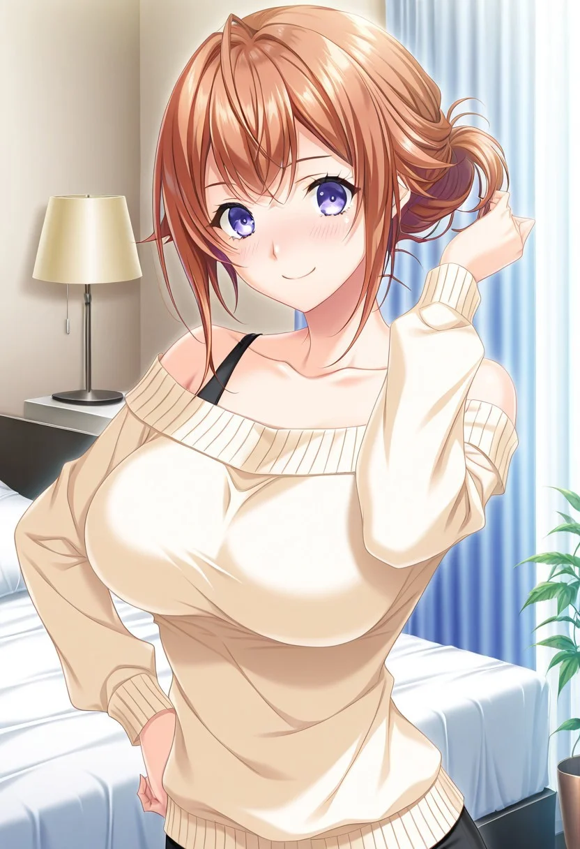 general,highres, ultra-detailed,very aesthetic,best quality ,best hands,masterpiece, best quality, newest, highres, score_9, score_8_up, score_7_up, source_anime, rating_explicit,1girl, yokota mamoru style,motion lines,,Very straight nose,slim,slender face,perfect nose
hanasaki koharu, blue eyes, orange hair,side hair,slim,big breasts,long hair, chest lenth hair,sidelocks
 anime screencap,
1girl, solo, breasts, blue eyes, smile, , looking at viewer, hand on hip, sweater, large breasts, off shoulder, red off-shoulder sweater, collarbone, ahoge
1girl,solo 1girl, solo, breasts, large breasts, purple eyes, smile, curtains, bed, indoors, looking at viewer, shirt, office lady, tying hair, formal, suit, blush, pillow, bangs,lamp,plant