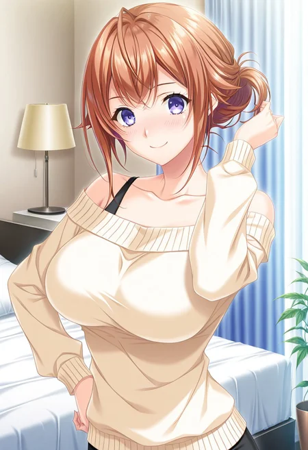 general,highres, ultra-detailed,very aesthetic,best quality ,best hands,masterpiece, best quality, newest, highres, score_9, score_8_up, score_7_up, source_anime, rating_explicit,1girl, yokota mamoru style,motion lines,,Very straight nose,slim,slender face,perfect nose
hanasaki koharu, blue eyes, orange hair,side hair,slim,big breasts,long hair, chest lenth hair,sidelocks
anime screencap,
1girl, solo, breasts, blue eyes, smile, , looking at viewer, hand on hip, sweater, large breasts, off shoulder, red off-shoulder sweater, collarbone, ahoge
1girl,solo 1girl, solo, breasts, large breasts, purple eyes, smile, curtains, bed, indoors, looking at viewer, shirt, office lady, tying hair, formal, suit, blush, pillow, bangs,lamp,plant