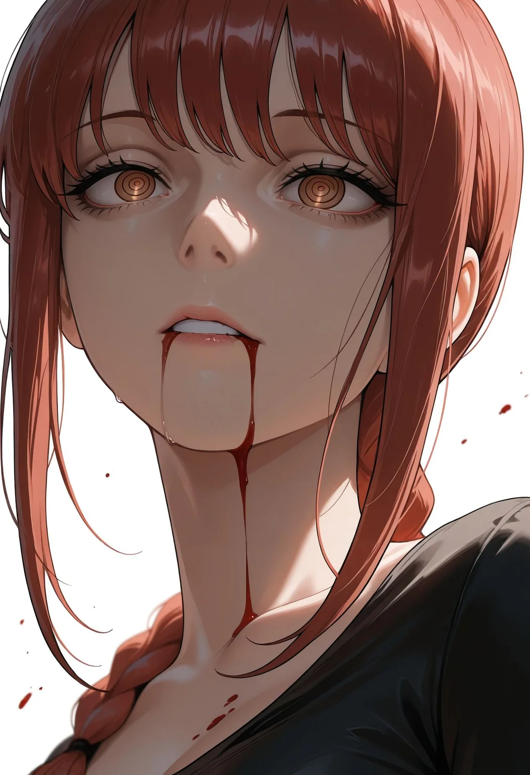 masterpiece,best quality,amazing quality, makima \(chainsaw man\), 1girl, black dress, blood, blood from mouth, brown eyes, dress, red hair, ringed eyes, solo, white background