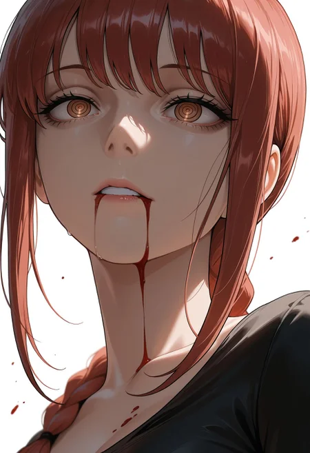 masterpiece,best quality,amazing quality, makima \(chainsaw man\), 1girl, black dress, blood, blood from mouth, brown eyes, dress, red hair, ringed eyes, solo, white background