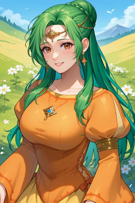 score_9, score_8_up, score_7_up, score_6_up, source_anime, 1girl, solo, <lora:elincia-pdxl-nvwls-000005:1> ogElincia, green hair, hair bun, long hair, braid, brown eyes, gold circlet, earrings, collarbone, orange dress, puffy sleeves, long sleeves, yellow skirt, large breasts, upper body, blue sky, medieval, happy, blush, looking at you