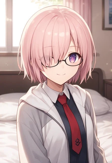 score_9, score_8_up, score_7_up, source_anime, masterpiece, best quality, highly detailed background, cinematic lighting, detailed eyes, detailed pupils, perfect face, mashu kyrielight, unique casual, cute, smile, bedroom, bed, window, midday, hair over one eye, upper body, eyewear,