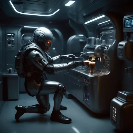 bbuk_style <lora:PureDarkness_RetroSciFi-000060:0.7> a biomechanical soldier trying to fix a coffe machine in the kitchen inside spaceship, darkness