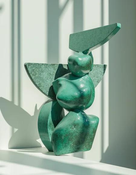 touch of verdigris style photograph, a composition of floating geometric shapes, each casting a subtle shadow, that come together in a balanced and serene display reflective art style