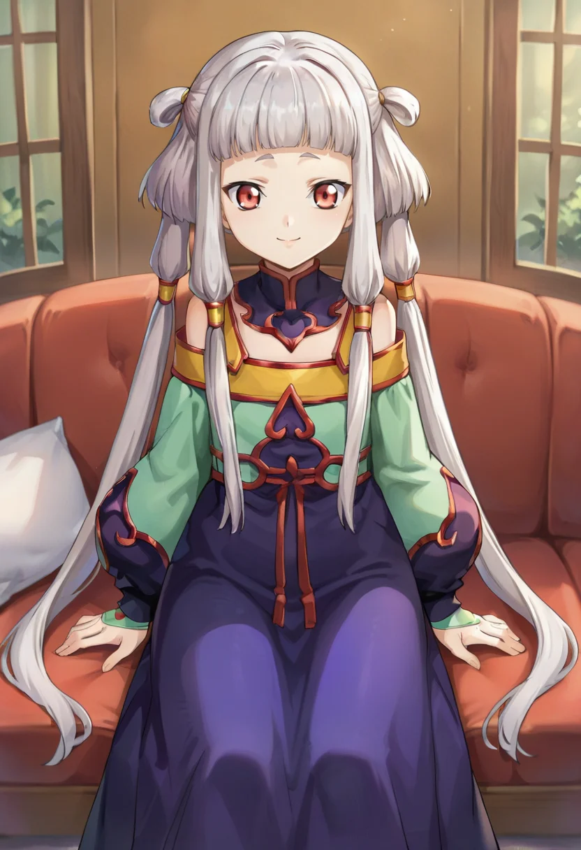 score_9,score_8_up,score_7_up,anime coloring BREAK source_anime,anime,<lora:Tianzi_Code_Geass_Pony:0.8>,tianzi,1girl,solo,long hair,red eyes,bangs,grey hair,sidelocks,blunt bangs,hair tubes,twintails,bare shoulders,purple dress,smile,sitting,arm support,indoors,room,couch,looking at viewer,