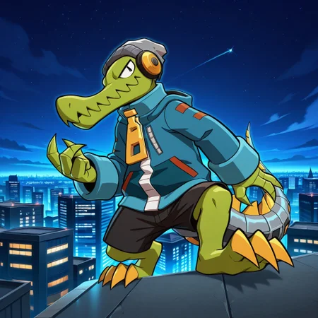 official art, masterpiece, best quality, perfect anatomy, dynamic, expressive, solo, l4tch, 1boy, male, scalie, crocodile, anthro, green skin, green body, black eyes, short, long snouth, spiky mouth, grey hat, grey beanie, headphones, blue jacket, zipper, black shorts,  barefoot, mechanical tail, long tail, big tail, claws, toe claws, posing, looking at viewer, night time, city, neon, alleyway,