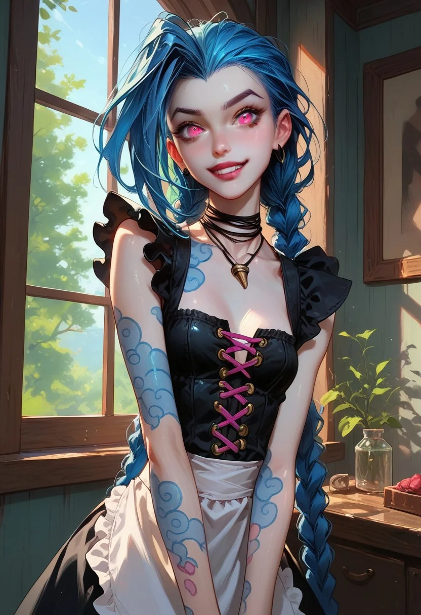 score_9, score_8, score_8_up, score_7, score_7_up, score_6_up, (masterpiece), highres,shiny skin,white skin, jinx \(league of legends\), blue hair, pink eyes,20 years old, detailed perfect eyes, fit, small breasts, dynamic lighting, g0thicPXL, glowing, neon, Expressiveh, A maid folding laundry in a well-organized laundry room, (sunlight filtering through a window, neatly stacked linens:1.3), practical and tidy, high detail, comfortable atmosphere, maid dress, apron, maid headress,