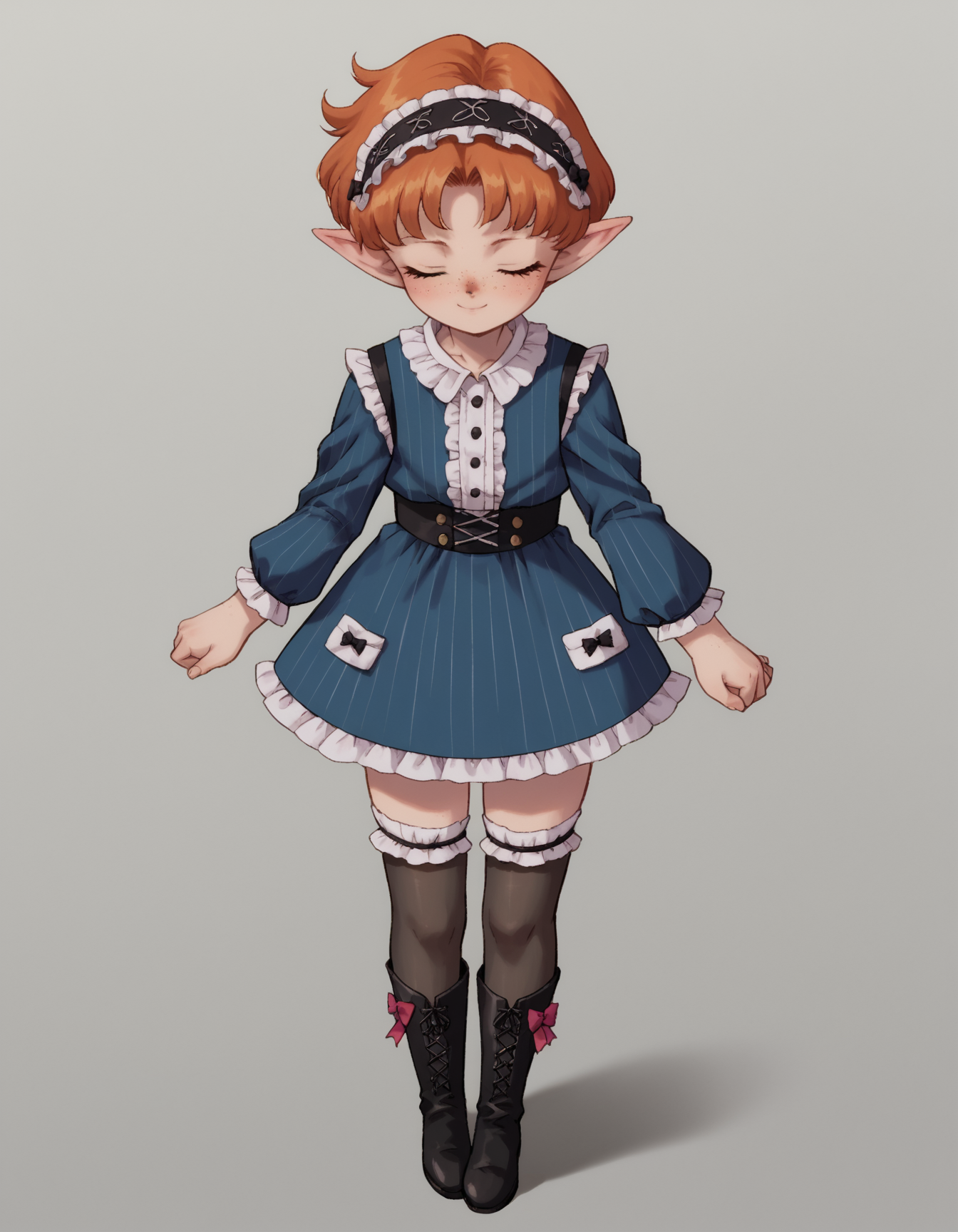 zPDXL, score_9, score_8_up, score_7_up, source_anime,
1girl, solo,  <lora:SailorMoon:1> slrmn, <lora:Popipi_v1:0.8> popipi, lalafell, blue eyes, dark nose, freckles, orange hair, short hair, pointy ears,, (closed eyes:1.2), smile, interlocked fingers, gothiclolita wearing Timeless gothiclolita costume, blue pinstripe dress with lace collar, thigh-high stockings, Victorian boots, ribbon headband with bow accents,
