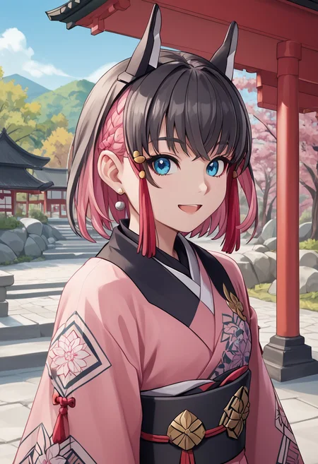 score_4,score_5,score_6,score_7_up,score_8_up,score_9
((masterpiece,best quality,ultra detailed,highres,HD,4k:1.2)),
1 cute girl,girl forcus,
Kirin,multicolored hair,short hair,black hair,pink hair,blue eyes,tattoo,sidelocks,black head gear,black head ornaments,
Pink kimono, floral kimono, black obi,
shrine, torii gate,
happy, smile, open mouth,