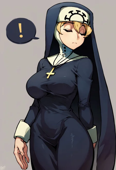 Score_9, Score_8_up, Score_7_up,1girl, breasts, closed_eyes, solo, nun, orange_background, !, habit, blonde_hair, large_breasts, spoken_exclamation_mark, simple_background, long_sleeves, hand_up, closed_mouth, cowboy_shot, standing, Double skullgirls