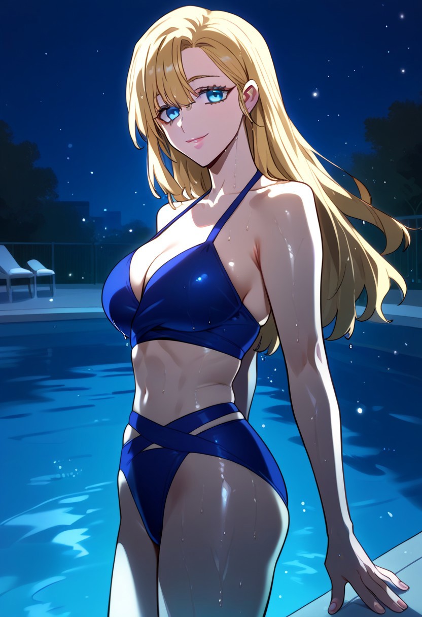 zPDXL3, score_9_up, score_8_up, score_7_up, (Anime_source), 1girl, JuyriLee, blue eyes, blonde hair, long hair, Mole under eye, Juyri bikini, night, hotel, swimming pool, wet, looking at viewer, cowboy shot, particles, smile, from side