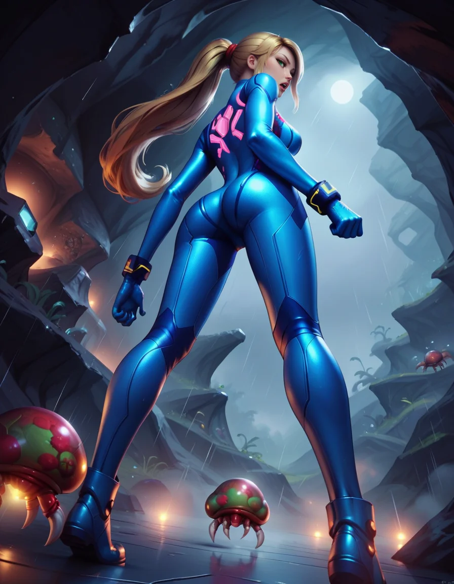 score_9, score_8_up, score_7_up,score_6_up, score_5_up, score_4_up ,1girl, solo, 
large breasts, 
SamusDGzero,
zero suit, blue bodysuit, gloves, boots,
blonde hair,very long hair, ponytail, blue eyes, green eyes, 
 science fiction, rain, metroid \(creature\), galaxy, cave, night, dim lighting, 
clenched hands, 
mature female, 
fog, 
half closed eyes, open mouth, 
from behind, ass, from below, looking back, 
 <lora:Samus DALL E 3  PonyXL-000003:1>
