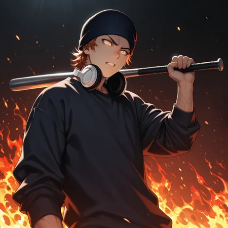 masterpiece, best quality, amazing quality, absurdres, newest, detailed background, definition so sharp, Ultra-HD, 8K cinematic, very awa, impressionate, amazing quality, highres,
solo, male focus, manly,
1boy, short hair, beanie, headphone around neck, misaki_orange hair, misaki_brown eyes, misakiyata, holding bat, flames \(effect\), glowing eyes, low angle, dramatic lighting, intense, passionate, dynamic, youthful strength, striking a pose, determined expression,