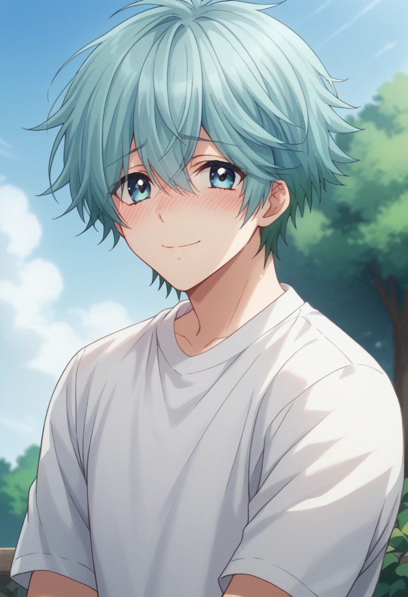 score_9, score_8_up, score_7_up, source_anime, highly detailed, 
kouta, 1boy, male focus, solo, looking at viewer, eyes visible through hair, smile, shirt,
white shirt, multicolored hair, bangs, short hair, aqua hair, closed mouth, shy, blush,
outdoor, blue sky,