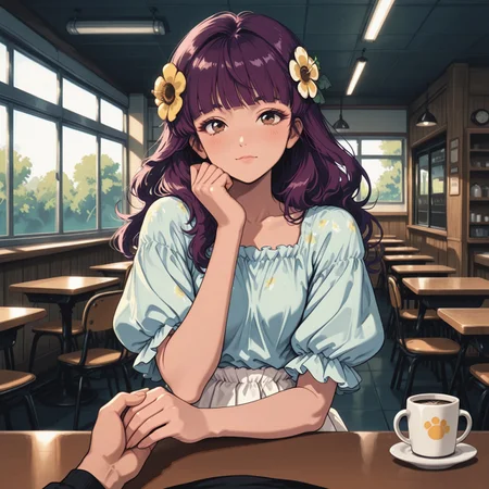 masterpiece, best quality, amazing quality, very aesthetic, absurdres, newest, 8k, BV-Illu, realistic, k3monogo, pinkretroanime, retro art,
BREAK,
1girl, solo, long hair, looking at viewer, puffy shirt, brown eyes, upper body, purple hair, yellow flower hair ornament, blunt bangs, holding viewer's hand, pov, legs crossed, frilly white skirt, flip-flops,
BREAK, indoors, cafe, table, seat, coffee mug, daylight, window, dynamic lighting, detailed background, dramatic lighting, depth of field, volumetric lighting