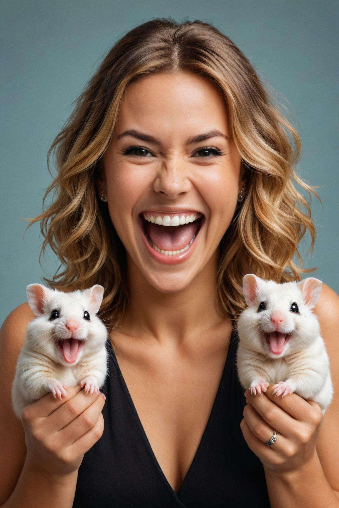 by ((( David Yarrow ) and  Phil Noto ) and  Roberto Ferri ) and  Zisis Kardianos , digital oil pastel on canvas<lora:oil_pastel:1.00> of a cinematic photo <lora:juggernaut_cinematic:1.00> of a cute happy woman holding up two cute hamsters while laughing maniacally laughter, dual wielding hamsters <lora:happy:0.25><lora:maniacal_laughter:2.25> <lora:dual_pistols:0.50> <lora:more_art:0.40><lora:faetastic:0.25><lora:midjourney:0.15>