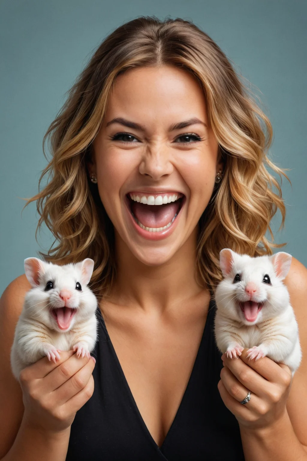 by ((( David Yarrow ) and Phil Noto ) and Roberto Ferri ) and Zisis Kardianos , digital oil pastel on canvas<lora:oil_pastel:1.00> of a cinematic photo <lora:juggernaut_cinematic:1.00> of a cute happy woman holding up two cute hamsters while laughing maniacally laughter, dual wielding hamsters <lora:happy:0.25><lora:maniacal_laughter:2.25> <lora:dual_pistols:0.50> <lora:more_art:0.40><lora:faetastic:0.25><lora:midjourney:0.15>