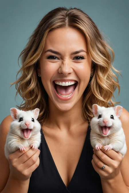 by ((( David Yarrow ) and  Phil Noto ) and  Roberto Ferri ) and  Zisis Kardianos , digital oil pastel on canvas<lora:oil_pastel:1.00> of a cinematic photo <lora:juggernaut_cinematic:1.00> of a cute happy woman holding up two cute hamsters while laughing maniacally laughter, dual wielding hamsters <lora:happy:0.25><lora:maniacal_laughter:2.25> <lora:dual_pistols:0.50> <lora:more_art:0.40><lora:faetastic:0.25><lora:midjourney:0.15>