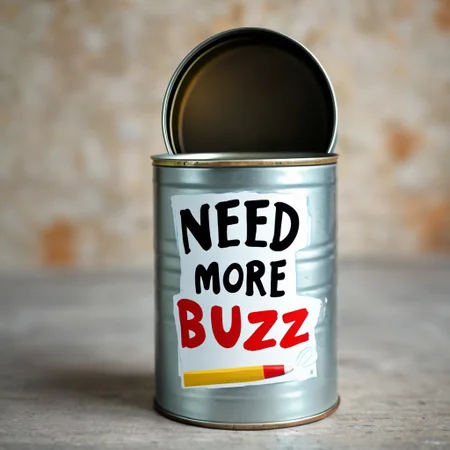 buzz, a tin can, with a handwritten text that says Need More Buzz