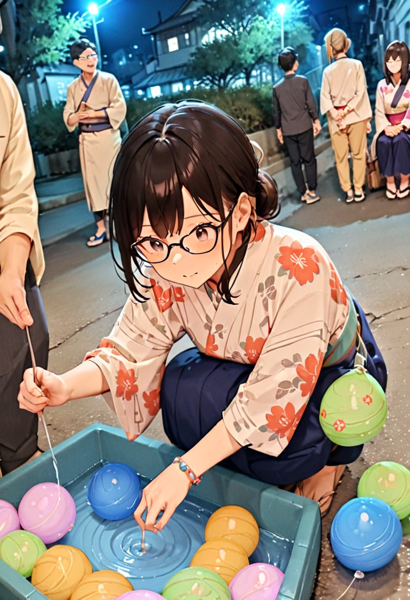 masterpiece, best quality, very aesthetic, absurdres,
mizufusen, 1girl, glasses, yukata, 1boy, night, squatting, outdoors, black hair, bracelet, long sleeves, floral print, water balloon fishing
 <lora:mizufusen_SDXL_V1:0.8>