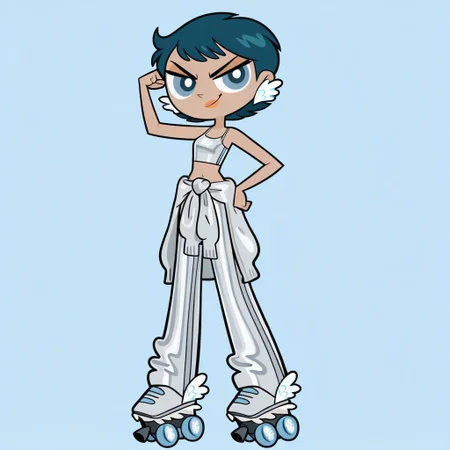 masterpiece, best quality, amazing quality, perfect cute face, on model, accurate art style, cartoon screencap, show accurate, mercurymwatgg, 1girl, solo, blue hair, short hair, blue eyes, orange lipstick, wing earrings, silver crop top, silver sweater tied around waist, silver pants, silver roller skates, full body, smirk, looking at viewer, standing, hand on hip, flexing, simple background