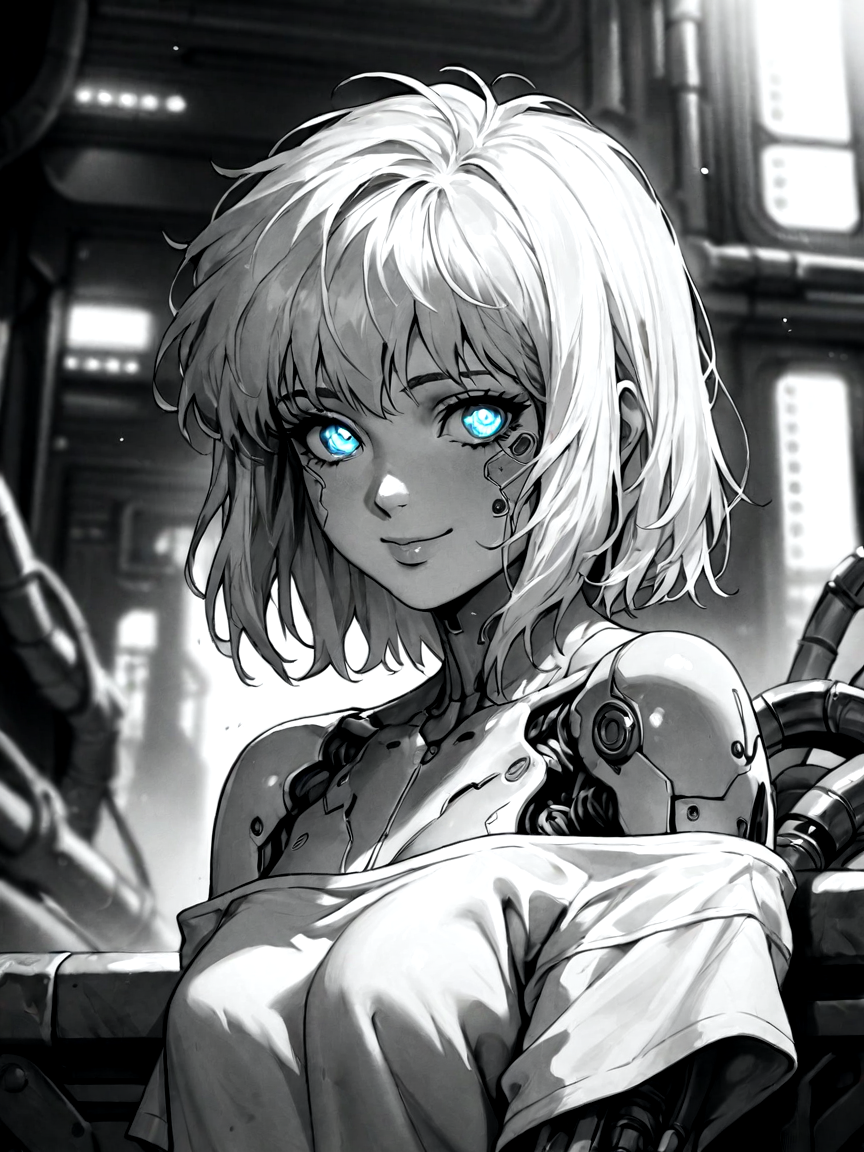 score_9, score_8_up, score_7_up, score_6_up, score_5_up, score_4_up,
BREAK
vintage, 1990s \(style\), retro anime style,
a gorgeous girl over a future cityscape, white hair, medium hair, depth of field, oversized shirt, off one shoulder, (shiny skin:1.1), cold lighting, detailed face, clear eyes, depth of field, messy hair, (intricate), shy, (shy smile:1.3), sky blue eyes, detailed eyes, detailed background, neon trim, neon lights,
score_9, monochrome, greyscale, female focus, source_anime, solo, science fiction, mechanical parts, mechanical body, mechanical arms, cyborg, cyberpunk, looking at viewer, upper body, glowing, outlines <lora:RetroAnimeRedux_epoch_10:.9>