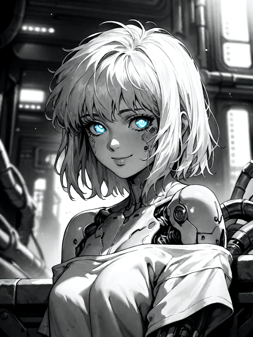 score_9, score_8_up, score_7_up, score_6_up, score_5_up, score_4_up,
BREAK
vintage, 1990s \(style\), retro anime style,
a gorgeous girl over a future cityscape, white hair, medium hair, depth of field, oversized shirt, off one shoulder, (shiny skin:1.1), cold lighting, detailed face, clear eyes, depth of field, messy hair, (intricate), shy, (shy smile:1.3), sky blue eyes, detailed eyes, detailed background, neon trim, neon lights,
score_9, monochrome, greyscale, female focus, source_anime, solo, science fiction, mechanical parts, mechanical body, mechanical arms, cyborg, cyberpunk, looking at viewer, upper body, glowing, outlines <lora:RetroAnimeRedux_epoch_10:.9>