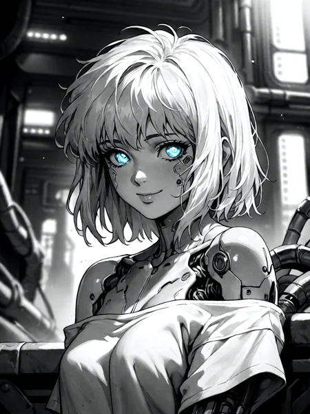 score_9, score_8_up, score_7_up, score_6_up, score_5_up, score_4_up,
BREAK
vintage, 1990s \(style\), retro anime style,
a gorgeous girl over a future cityscape, white hair, medium hair, depth of field, oversized shirt, off one shoulder, (shiny skin:1.1), cold lighting, detailed face, clear eyes, depth of field, messy hair, (intricate), shy, (shy smile:1.3), sky blue eyes, detailed eyes, detailed background, neon trim, neon lights,
score_9, monochrome, greyscale, female focus, source_anime, solo, science fiction, mechanical parts, mechanical body, mechanical arms, cyborg, cyberpunk, looking at viewer, upper body, glowing, outlines <lora:RetroAnimeRedux_epoch_10:.9>