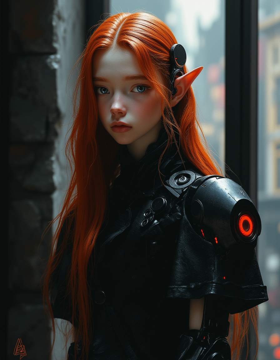 Masterpiece, high quality, Oil Painting, Hyper-realistic, a close up portrait, pale-skinned elven teen princess robot stands regally in a sleek, glossy black short sleeve dress. Her black and red mechanical shoulders and arms have articulated joints and subtle neon accents, contrasting beautifully with her ethereal features - high cheekbones, small pointed elf ears, almost ethereal white skin, vibrant blue eyes, and long auburn hair. She wears a modern silver crown with glowing gems in it. In her mechanical hands, creating a whimsical juxtaposition between the hard sci-fi aesthetic of the her mechanical body and regal black dress. She stands in front of a large window at a cyberpunk city. The image has a shallow depth of field. Masterpiece, intricate lines, skinny and petite body, intriguing atmosphere, sharp magnificent details, delicate features, elaborate details, (2/3 rule composition:0.5), ultra detailed, romantic, Rembrandt lighting, brush stroke, lovely, del1cate_balance style, in the style of Rembrandt. vantablack <lora:style_of_Rembrandt_FLUX_135:.8> <lora:- Flux1 - vanta_black_V2.0:.8> <lora:Delicate_Balance:.3> <lora:neeeg_f1:-1> <lora:SCI_FACTOR_COREV2:.6>