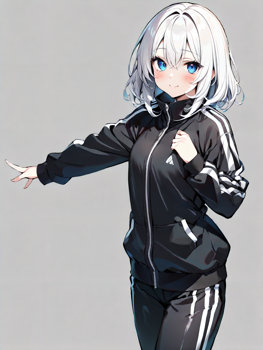 masterpiece,ultra-detailed,best quality,8K,illustration,cute face,clean skin ,shiny hair,woman,ultra-detailed-eyes,simple background, <lora:add-detail-xl:1> <lora:tracksuits_XL_illustrious_V1.0:1> tracksuits