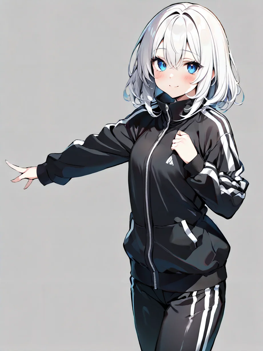 masterpiece,ultra-detailed,best quality,8K,illustration,cute face,clean skin ,shiny hair,woman,ultra-detailed-eyes,simple background, <lora:add-detail-xl:1> <lora:tracksuits_XL_illustrious_V1.0:1> tracksuits
