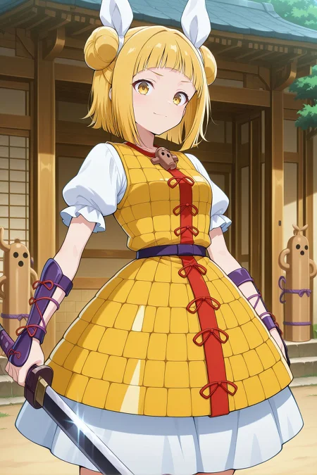 absurdres, highres, masterpiece, best quality, amazing quality, official anime artwork, screencap, anime screencap, outdoors, looking at viewer, light smile, dynamic pose, 
 <lora:Mayumi-Joutouguu_Illustrious:1> joutouguu mayumi, 1girl, solo, yellow eyes, blonde hair, double bun, small breasts,, hair ribbon, white ribbon, haniwa (statue), necklace, yellow dress, armored dress, puffy short sleeves, white sleeves, purple vambraces, holding sword,