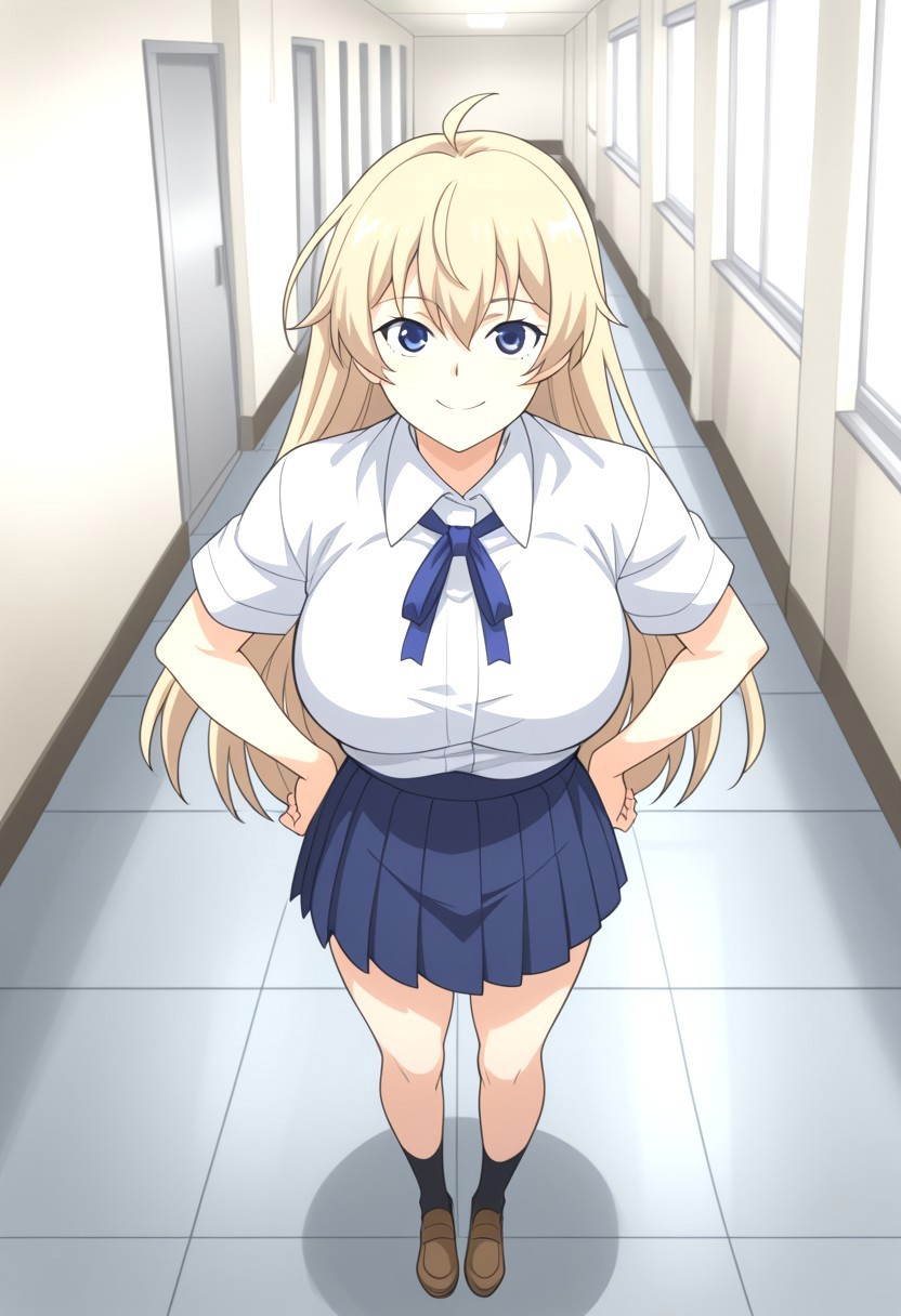 1girl, solo, maki jk genkai koubi anime style, blonde hair, long hair, ahoge, blue eyes, bangs, large breasts, smile, hair between eyes, closed mouth, maki's school outfit, white shirt, collared shirt, short sleeves, neck ribbon, blue ribbon, blue skirt, pleated skirt, brown footwear, loafers,  cowboy shot, looking at viewer, indoor, hallway, full body, standing, hand on own hips,