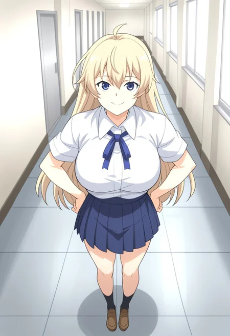 1girl, solo, maki jk genkai koubi anime style, blonde hair, long hair, ahoge, blue eyes, bangs, large breasts, smile, hair between eyes, closed mouth, maki's school outfit, white shirt, collared shirt, short sleeves, neck ribbon, blue ribbon, blue skirt, pleated skirt, brown footwear, loafers, cowboy shot, looking at viewer, indoor, hallway, full body, standing, hand on own hips,