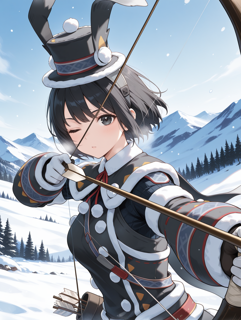 1girl,snowbaron lagombi armor,solo,black hair,black eyes,short hair,holding bow \(weapon\),bow \(weapon\),arrow \(projectile\),quiver,aiming at viewer,black fur-trimmed top hat,black fur-trimmed capelet,black fur-trimmed coat,black fur-trimmed gloves,snow,mountain,one eye closed,looking at viewer, upper body, 
masterpiece,best quality,amazing quality,very aesthetic,absurdres,newest,<lora:Snowbaron Lagombi Armor illuXL v1:0.75>,