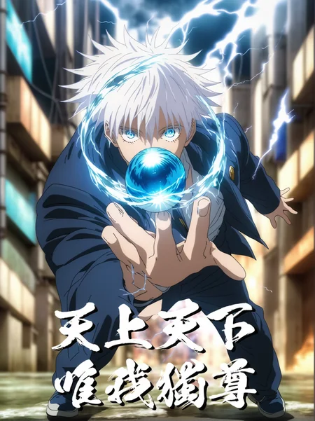 realistic and detailed ball of energy in a hand of a powerful,gojou satoru, 1boy, solo, (detail blue eyes)<lora:gojosatoruxl1:1>, jacket, gakuran, (masterpiece , best_quality ) , (rock pose),infinite realistic lightning in ball,water,Walking on the street of japan,<lora:DetailedEyes_V3:1>