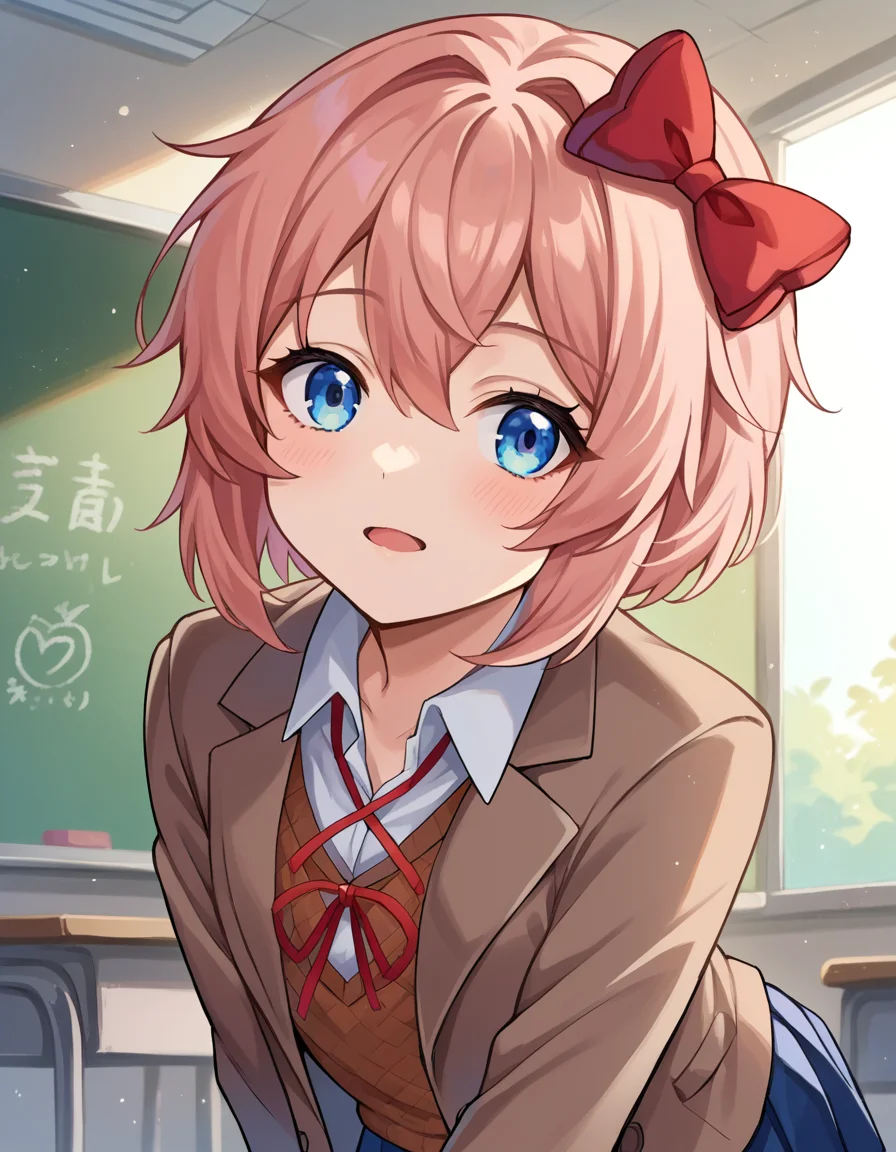 score_9, score_8_up, score_7_up, source_anime,
ddlcsayori, <lora:ddlc-sayori-ponyxl-lora-nochekaiser:1>
ddlcsayori, blue eyes, hair between eyes, hair bow, hair ornament, pink hair, red bow, short hair,
blue skirt, pleated skirt, school uniform, skirt, brown jacket, jacket,
indoors, classroom, bent over,
looking at viewer, dutch angle, cowboy shot,