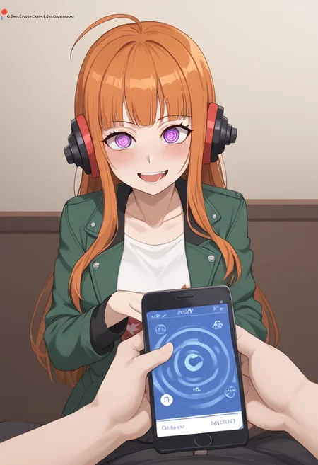 Futaba hypnotized,
score_9, source anime, lewd, 1girl,
mind control, (hypnotized), glazed eyes, expressionless, slightly drooling, happy trance,
boobheart, heart hands Press own breast, (mind control phone app, looking at mind control app(, pov, pov holding phone,
futaba sakura, orange hair, long hair, purple eyes, ahoge, behind-the-head headphones, green jacket,