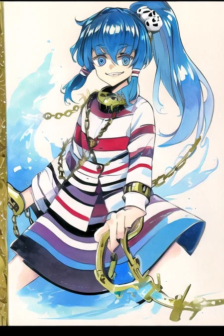 solo, 1girl, solo_focus, ((too many)):16, 
watercolor (medium), traditional media, 
miyadeguchi_mizuchi, solo, 1girl, smile, shirt, long_sleeves, skirt, hair_ornament, teeth, ponytail, chain, cuffs, blue_hair, shackles, long_hair, chains, striped_shirt, striped, skull_hair_ornament, blue_eyes, hair_tubes, bags_under_eyes, ghost, glowing_eyes, wide-eyed, spirit,