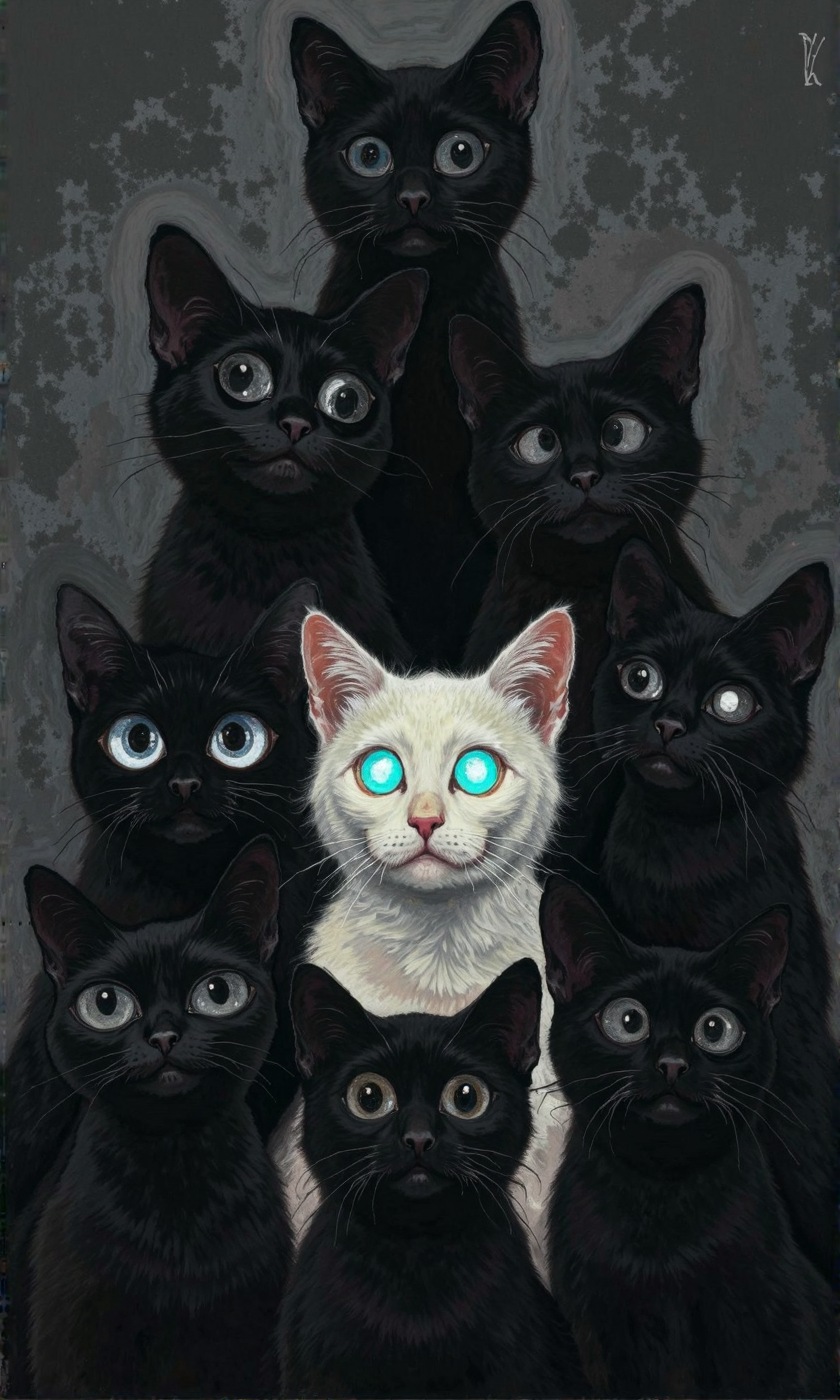 A stylized painting or illustration features a group of cats, predominantly black with large, prominent, glowing eyes. 
The cats are positioned in a layered, almost pyramid-like formation, appearing to be stacked vertically. The black cats have large, dark, almost featureless eyes that are suggestive of mystery or a sense of being in shadow.
One cat, which is noticeably lighter, almost white, is positioned centrally amidst the group. This white cat has large, light-blue eyes and a slightly smudged or soft-edged appearance, as if it were illuminated from within or surrounded by a luminous aura.  Its expression is softly rounded and friendly, contrasting with the more ominous-looking black cats.
The background is a muted, dark gray or charcoal color that emphasizes the stark contrast between the black cats and the lighter central cat. The style of the drawing evokes a sense of mystery, fairytale imagery, or a slightly spooky, yet enchanting, mood., <lora:FLUX-daubrez-DB4RZ-v2:0.9> DB4RZ, DB4RZ style painting, <lora:ImpurePores:0.85> xlr_skin,