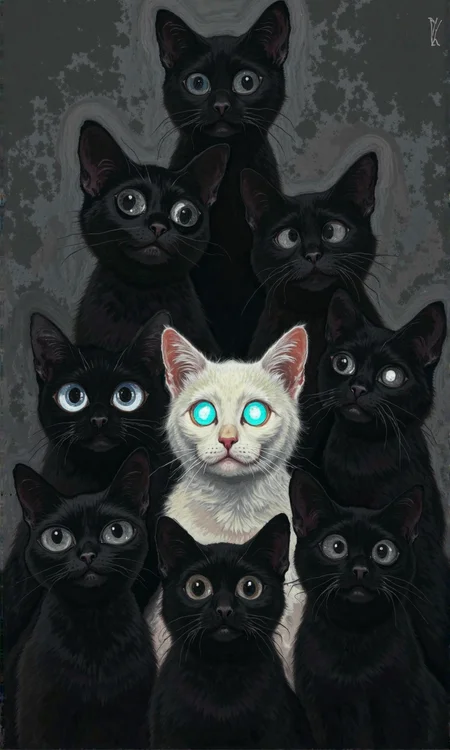 A stylized painting or illustration features a group of cats, predominantly black with large, prominent, glowing eyes.
The cats are positioned in a layered, almost pyramid-like formation, appearing to be stacked vertically. The black cats have large, dark, almost featureless eyes that are suggestive of mystery or a sense of being in shadow.
One cat, which is noticeably lighter, almost white, is positioned centrally amidst the group. This white cat has large, light-blue eyes and a slightly smudged or soft-edged appearance, as if it were illuminated from within or surrounded by a luminous aura. Its expression is softly rounded and friendly, contrasting with the more ominous-looking black cats.
The background is a muted, dark gray or charcoal color that emphasizes the stark contrast between the black cats and the lighter central cat. The style of the drawing evokes a sense of mystery, fairytale imagery, or a slightly spooky, yet enchanting, mood., <lora:FLUX-daubrez-DB4RZ-v2:0.9> DB4RZ, DB4RZ style painting, <lora:ImpurePores:0.85> xlr_skin,