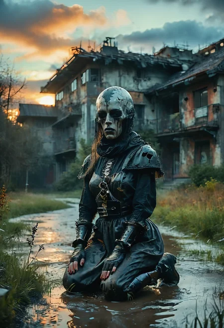 (Full body photograph, ultra-realistic:1.2). score_9, score_8_up, score_7_up, female gothic sexbomb knight , portrait, kneeling, defeated, tired, gothic armor, open helmet, temple, reflections, highly detailed, film grain, <lora:zy_Realism_Enhancer_v1:0.75>
BREAK scenery. sky. cloud. outdoors. tree. sun. cloudy sky. building. nature. sunset. tower. blurry. chimney. grass. forest. rural. landscape. The photograph captures a scene during what appears to be either dawn or dusk due to the soft golden hue permeating through an overcast sky.
<lora:MoodySky_set2:0.67:0.33>