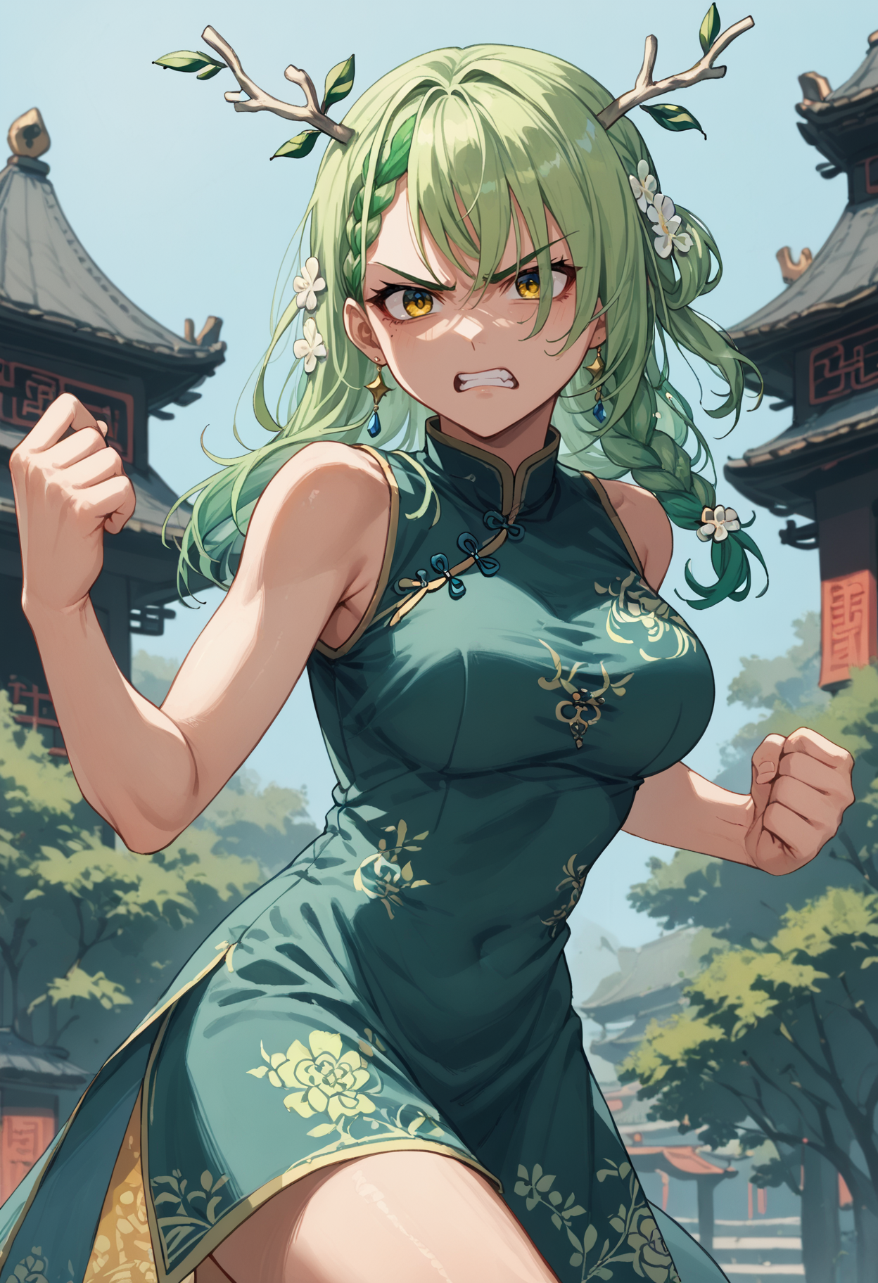 score_10,score_9_up,score_8_up,score_7_up, anime_source, 1girl, east asian architecture, ceres fauna, braid, long hair, braided bangs, single braid, hair flower, bangs, (chinese dress: 1.3), short dress, green clothes, (floral pattern), large breasts, bare arms, angry,
clenched teeth, fighting stance, kung fu <lora:Ceres_Fauna_for_PonyXL:0.9>